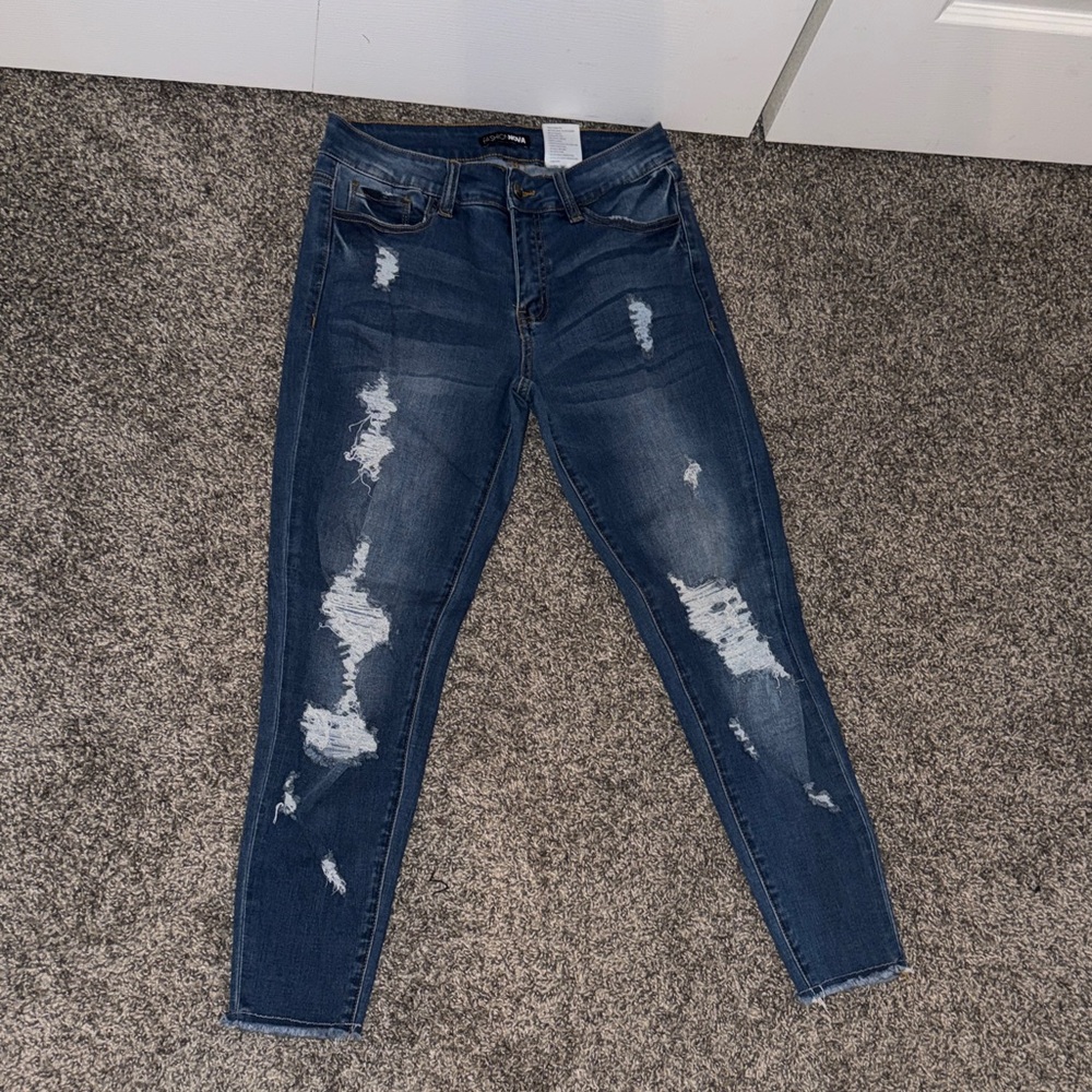 Fashion Nova Women's Distressed Skinny Jeans - Dark Blue Size 5